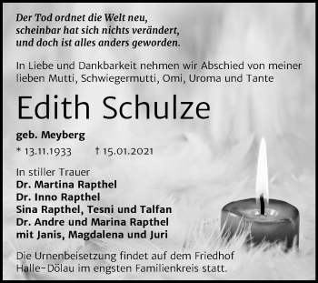Traueranzeige von Edith Schulze von Mitteldeutsche Zeitung Halle/Saalkreis