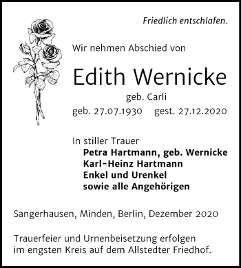 Traueranzeige von Edith Wernicke von Mitteldeutsche Zeitung Mansfelder Land / Sangerhausen