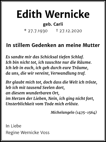 Traueranzeige von Edith Wernicke von Super Sonntag Mansfelder Land