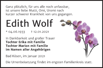 Traueranzeige von Edith Wolf von Super Sonntag Naumburg/Nebra