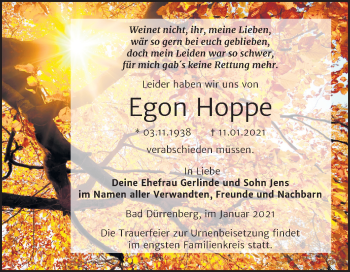 Traueranzeige von Egon Hoppe von Super Sonntag Merseburg/Querfurt