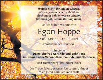 Traueranzeige von Egon Hoppe von Mitteldeutsche Zeitung Merseburg/Querfurt