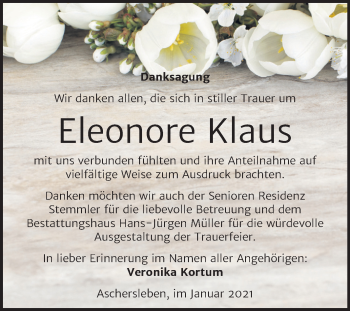 Traueranzeige von Eleonore Klaus von Mitteldeutsche Zeitung Aschersleben