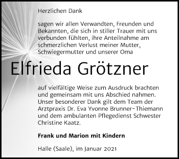 Traueranzeige von Elfrieda Grötzner von Mitteldeutsche Zeitung Halle/Saalkreis