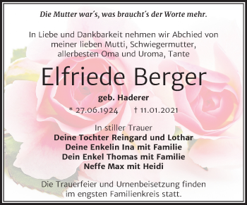 Traueranzeige von Elfriede Berger von Mitteldeutsche Zeitung Wittenberg