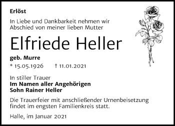 Traueranzeige von Elfriede Heller von Mitteldeutsche Zeitung Halle/Saalkreis