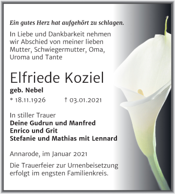 Traueranzeige von Elfriede Koziel von Mitteldeutsche Zeitung Mansfelder Land