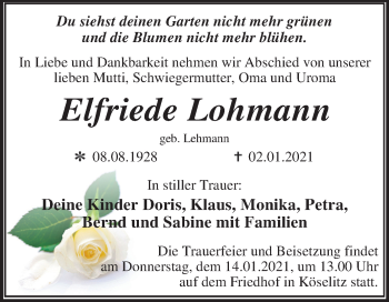 Traueranzeige von Elfriede Lohmann von Mitteldeutsche Zeitung Wittenberg