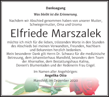 Traueranzeige von Elfriede Marszalek von Mitteldeutsche Zeitung Mansfelder Land