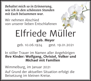 Traueranzeige von Elfriede Müller von Super Sonntag Mansfelder Land