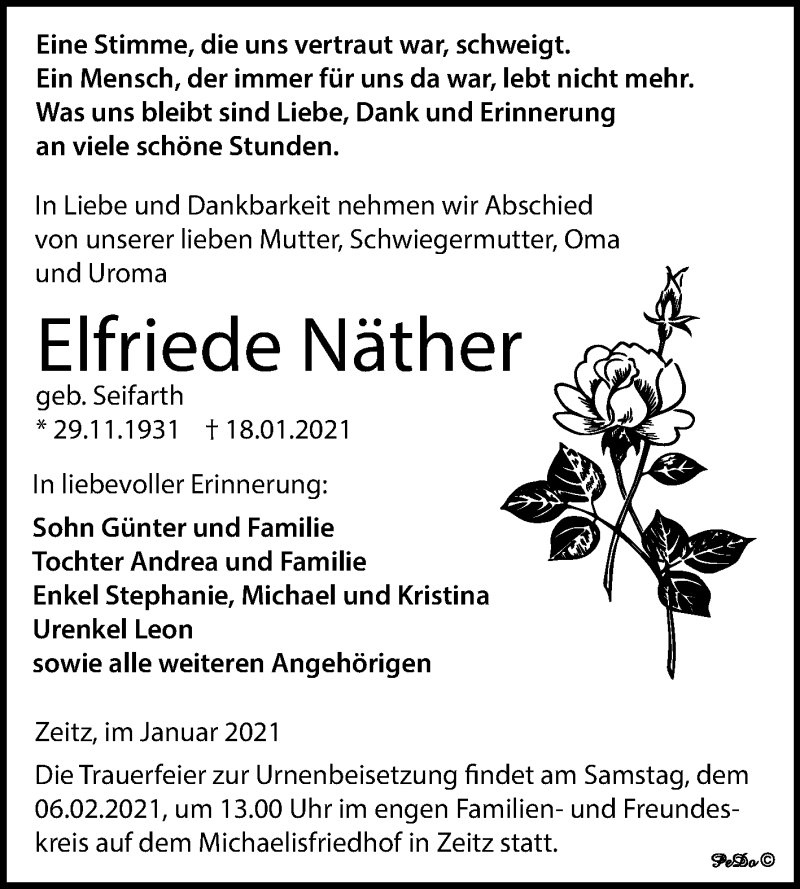  Traueranzeige für Elfriede Näther vom 23.01.2021 aus Super Sonntag Zeitz