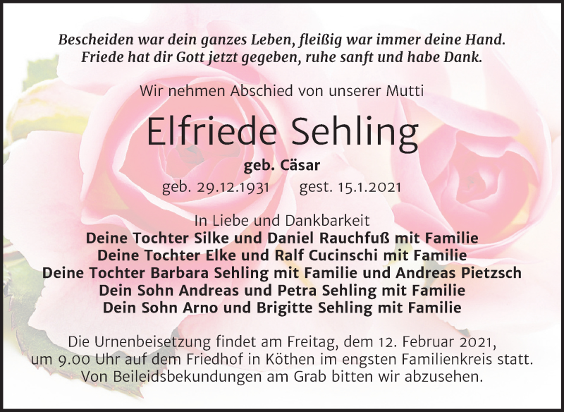  Traueranzeige für Elfriede Sehling vom 26.01.2021 aus Mitteldeutsche Zeitung Köthen