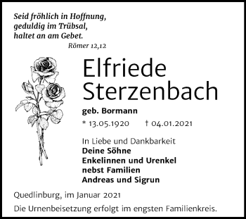 Traueranzeige von Elfriede Sterzenbach von Mitteldeutsche Zeitung Quedlinburg