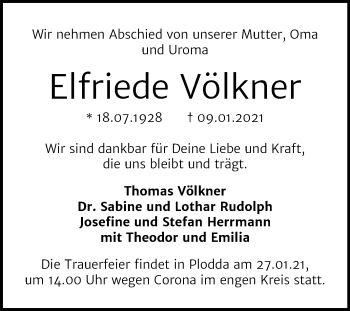 Traueranzeige von Elfriede Völkner von Mitteldeutsche Zeitung Bitterfeld