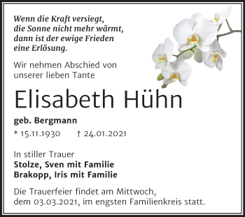 Traueranzeige von Elisabeth Hühn von Mitteldeutsche Zeitung Merseburg/Querfurt
