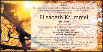 Traueranzeige von Elisabeth Krummel von Super Sonntag Mansfelder Land