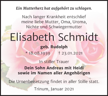 Traueranzeige von Elisabeth Schmidt von Super Sonntag Köthen