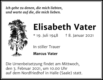 Traueranzeige von Elisabeth Vater von Mitteldeutsche Zeitung Halle/Saalkreis
