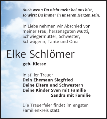 Traueranzeige von Elke Schlömer von Super Sonntag Bernburg