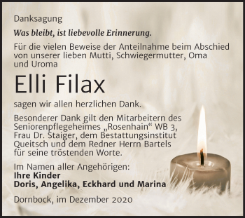 Traueranzeige von Elli Filax von Super Sonntag Köthen