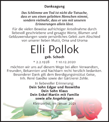 Traueranzeige von Elli Pollok von Mitteldeutsche Zeitung Köthen
