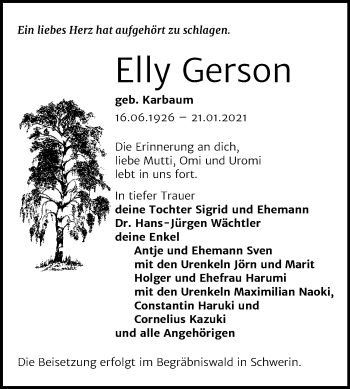 Traueranzeige von Elly Gerson von Mitteldeutsche Zeitung Bernburg