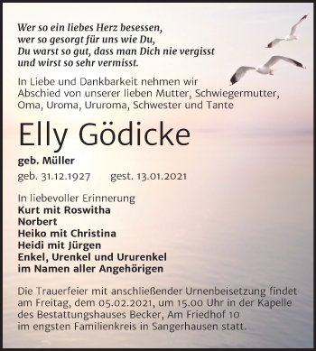 Traueranzeige von Elly Gödicke von Super Sonntag Sangerhausen