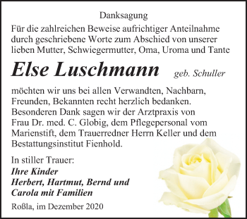 Traueranzeige von Else Luschmann von Super Sonntag Sangerhausen