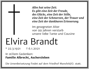 Traueranzeige von Elvira Brandt von Super Sonntag Mansfelder Land