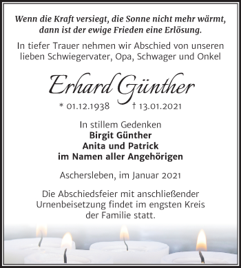 Traueranzeige von Erhard Günther von Super Sonntag Aschersleben