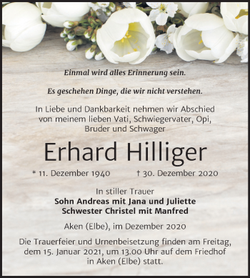 Traueranzeige von Erhard Hilliger von Super Sonntag Köthen