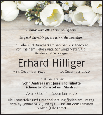 Traueranzeige von Erhard Hilliger von Mitteldeutsche Zeitung Köthen