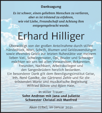 Traueranzeige von Erhard Hilliger von Mitteldeutsche Zeitung Köthen