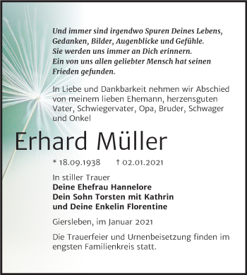 Traueranzeige von Erhard Müller von Super Sonntag Aschersleben