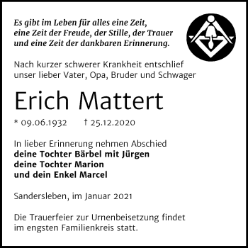 Traueranzeige von Erich Mattert von Super Sonntag Mansfelder Land