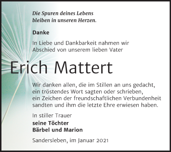 Traueranzeige von Erich Mattert von Mitteldeutsche Zeitung Mansfelder Land