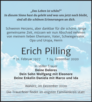 Traueranzeige von Erich Pilling von Super Sonntag Weißenfels