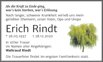 Traueranzeige von Erich Rindt von Mitteldeutsche Zeitung Halle/Saalkreis