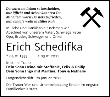 Traueranzeige von Erich Schedifka von Super Sonntag Merseburg/Querfurt