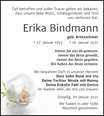 Traueranzeige von Erika Bindmann von Super Sonntag Zeitz