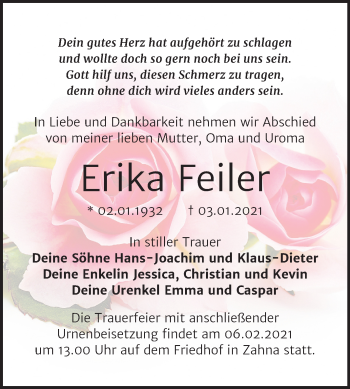Traueranzeige von Erika Feiler von Mitteldeutsche Zeitung Wittenberg