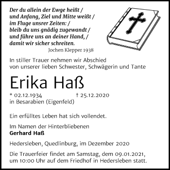 Traueranzeige von Erika Haß von Mitteldeutsche Zeitung Aschersleben / Quedlinburg