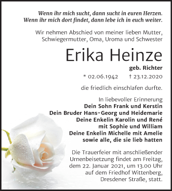 Traueranzeige von Erika Heinze von Super Sonntag Wittenberg