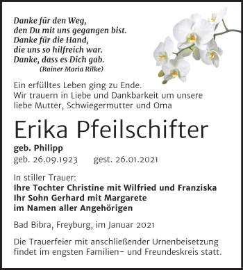 Traueranzeige von Erika Pfeilschifter von Mitteldeutsche Zeitung Naumburg/Nebra