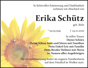 Traueranzeige von Erika Schütz von Mitteldeutsche Zeitung Bitterfeld