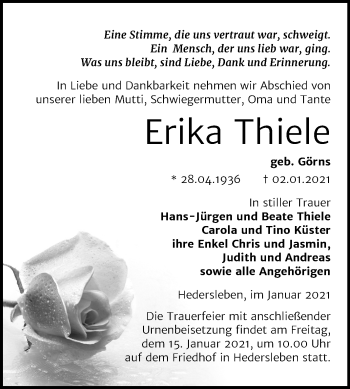 Traueranzeige von Erika Thiele von Mitteldeutsche Zeitung Quedlinburg