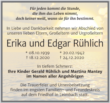 Traueranzeige von Erika und Edgar  Rühlich von Super Sonntag Mansfelder Land