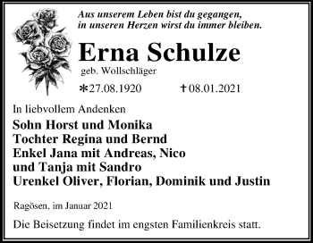 Traueranzeige von Erna Schulze von Super Sonntag Wittenberg
