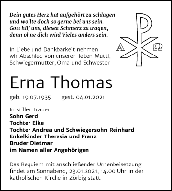 Traueranzeige von Erna Thomas von Mitteldeutsche Zeitung Bitterfeld