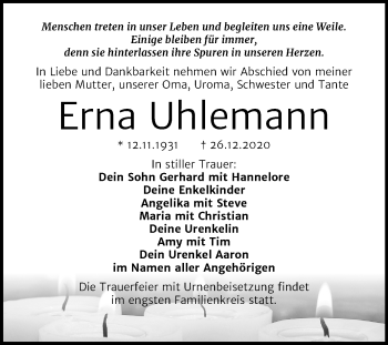 Traueranzeige von Erna Uhlemann von Mitteldeutsche Zeitung Bitterfeld